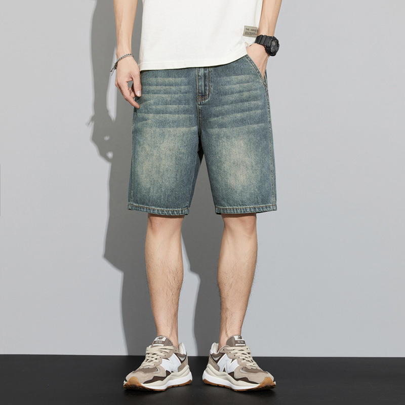 Мъжки дънкови къси панталони до коляното, права кройка, памучно-разтеглив деним, 95.1% памук, лято 2025