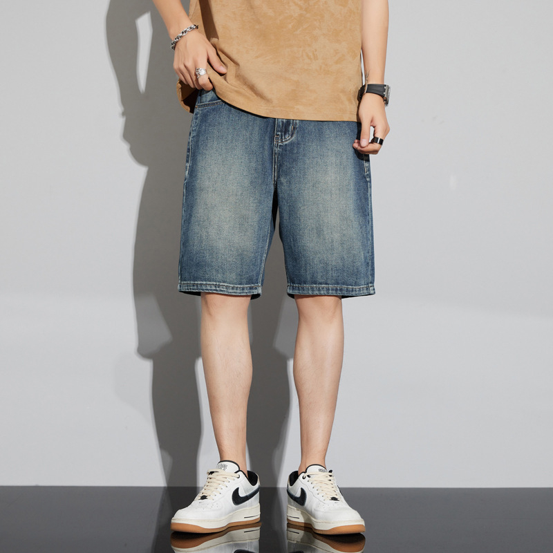 Мъжки дънкови къси панталони до коляното, права кройка, памучно-разтеглив деним, 95.1% памук, лято 2025