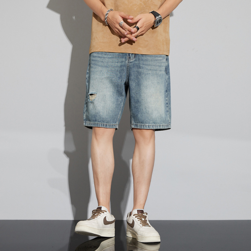 Мъжки дънкови къси панталони до коляното, права кройка, памучно-разтеглив деним, 95.1% памук, лято 2025