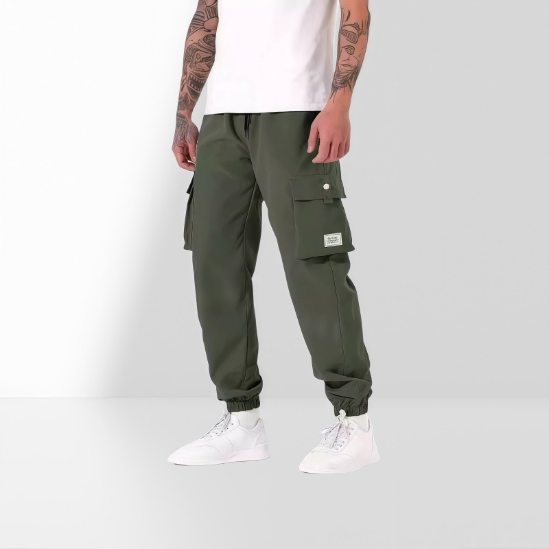 Мъжки работни панталони със свободна кройка и множество джобове, връзка с шнур в талията, полиестерно-смесена материя, подходящи за пролет и есен