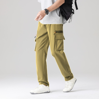 Свободни спортно-ежедневни панталони в стил cargo със множество джобове, средна талия, без колан, закопчаване с връзка, еластичен полиестер, дишащи, за пролет-есен