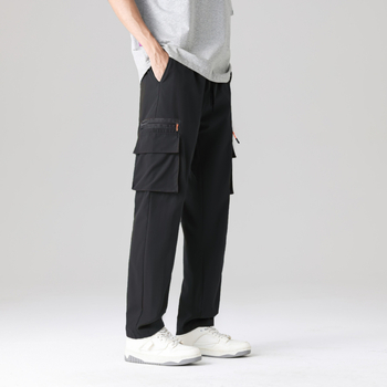 Свободни спортно-ежедневни панталони в стил cargo със множество джобове, средна талия, без колан, закопчаване с връзка, еластичен полиестер, дишащи, за пролет-есен