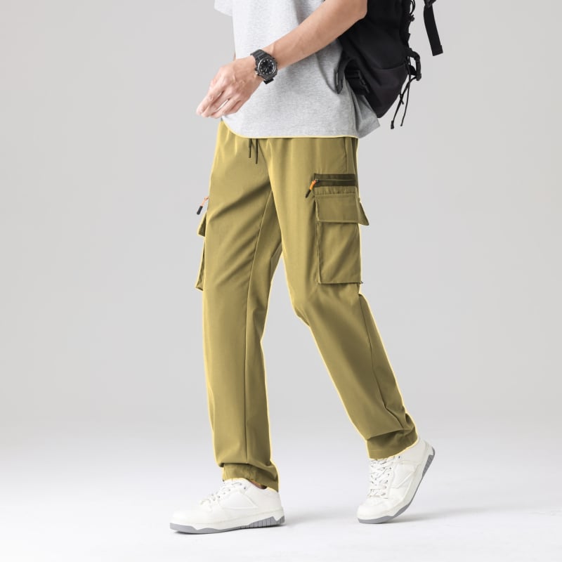 Свободни спортно-ежедневни панталони в стил cargo със множество джобове, средна талия, без колан, закопчаване с връзка, еластичен полиестер, дишащи, за пролет-есен