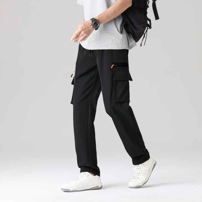 Свободни спортно-ежедневни панталони в стил cargo със множество джобове, средна талия, без колан, закопчаване с връзка, еластичен полиестер, дишащи, за пролет-есен