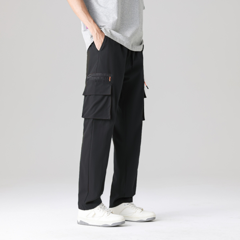 Свободни спортно-ежедневни панталони в стил cargo със множество джобове, средна талия, без колан, закопчаване с връзка, еластичен полиестер, дишащи, за пролет-есен