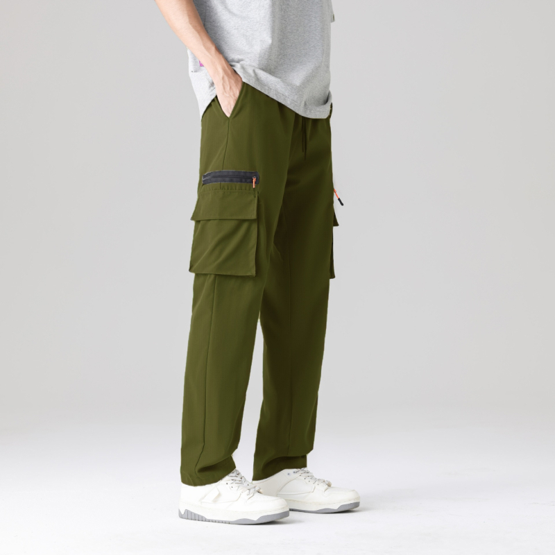 Свободни спортно-ежедневни панталони в стил cargo със множество джобове, средна талия, без колан, закопчаване с връзка, еластичен полиестер, дишащи, за пролет-есен