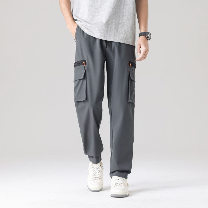 Свободни спортно-ежедневни панталони в стил cargo със множество джобове, средна талия, без колан, закопчаване с връзка, еластичен полиестер, дишащи, за пролет-есен
