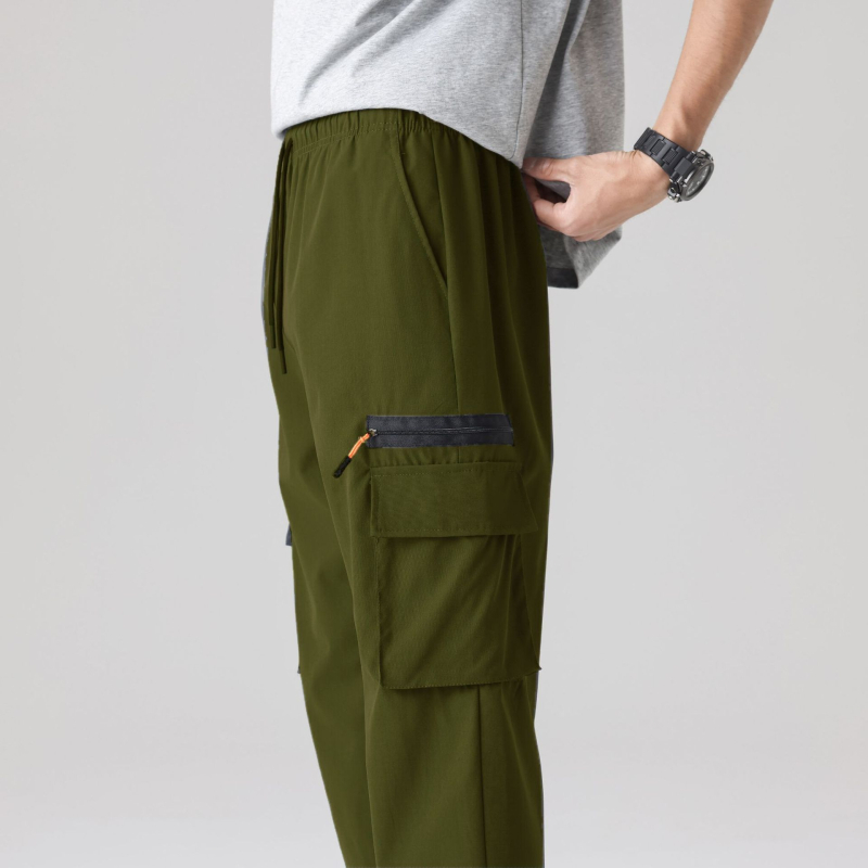 Свободни спортно-ежедневни панталони в стил cargo със множество джобове, средна талия, без колан, закопчаване с връзка, еластичен полиестер, дишащи, за пролет-есен