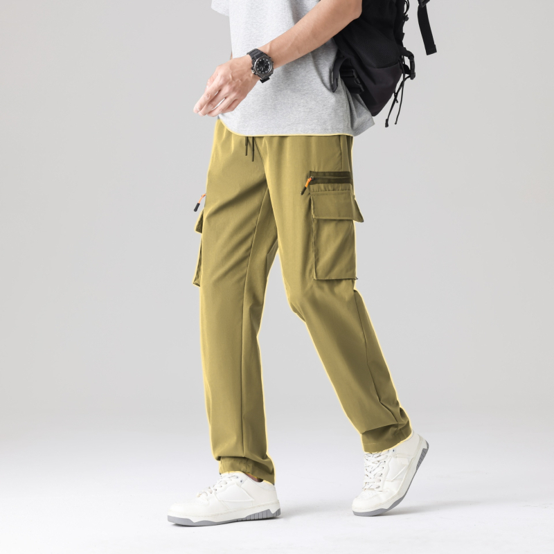 Свободни спортно-ежедневни панталони в стил cargo със множество джобове, средна талия, без колан, закопчаване с връзка, еластичен полиестер, дишащи, за пролет-есен
