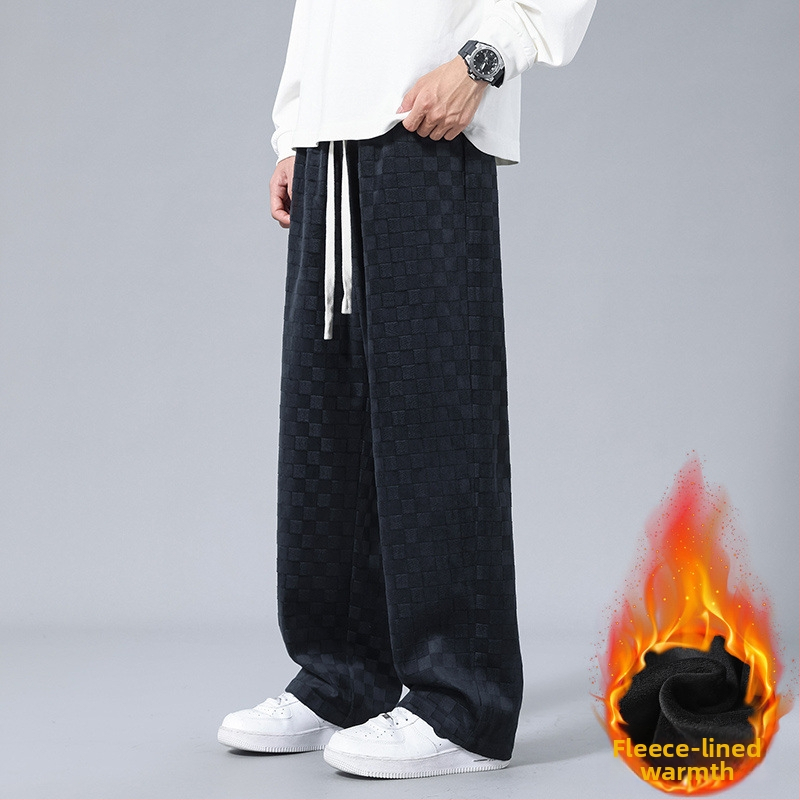 Meeste ruudulised corduroy püksid fleece vooderdusega, vaba lõige, keskmine talje, sirge lõige, nööri sulgemine