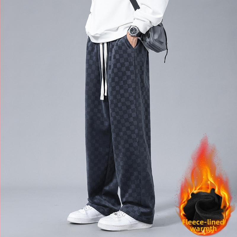 Meeste ruudulised corduroy püksid fleece vooderdusega, vaba lõige, keskmine talje, sirge lõige, nööri sulgemine