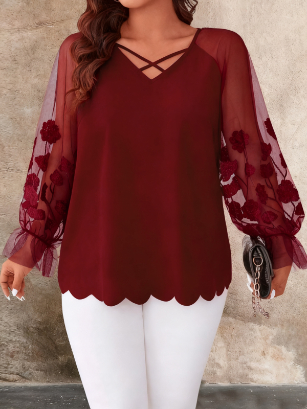 Pika varrukatega särk, V-kaelus, patchwork appliqué kujundus, polüester 95%