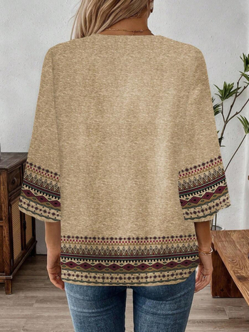 Дамска риза с винтидж геометричен принт, V-образно деколте, 3/4 ръкав, полиестер, ретро стил