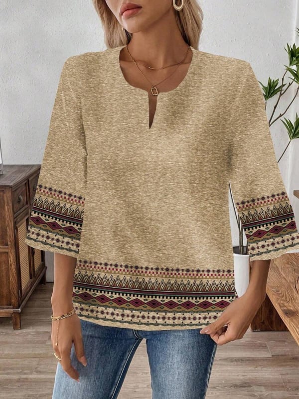 Дамска риза с винтидж геометричен принт, V-образно деколте, 3/4 ръкав, полиестер, ретро стил