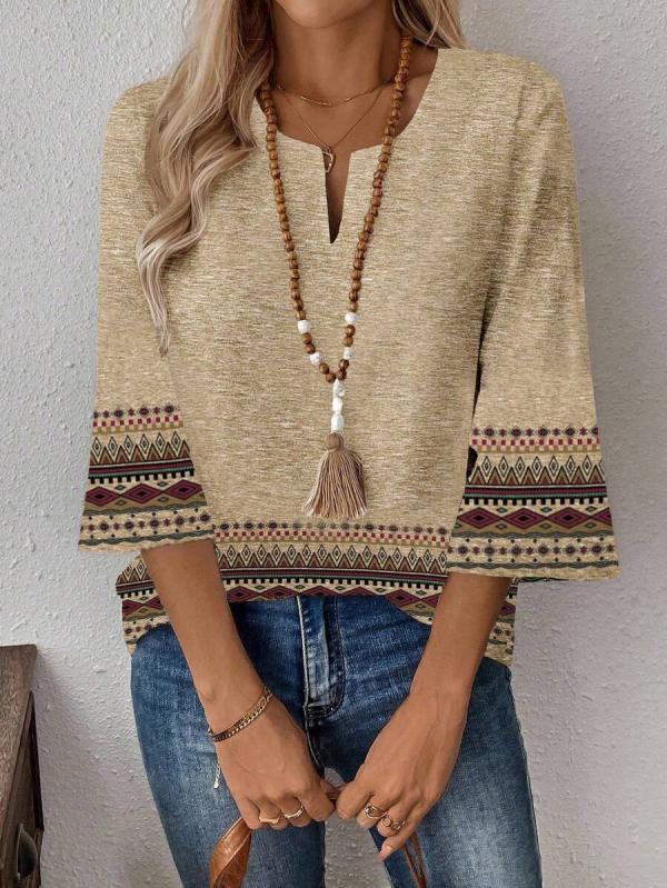 Дамска риза с винтидж геометричен принт, V-образно деколте, 3/4 ръкав, полиестер, ретро стил