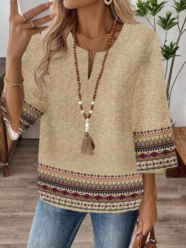 Дамска риза с винтидж геометричен принт, V-образно деколте, 3/4 ръкав, полиестер, ретро стил