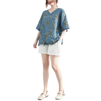 Дамска тениска от памук и лен с флорален принт, V-образно деколте, половин ръкав, печатен дизайн, ретро стил литература и изкуство