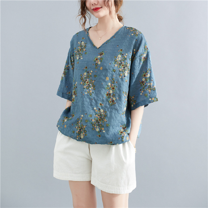 Дамска тениска от памук и лен с флорален принт, V-образно деколте, половин ръкав, печатен дизайн, ретро стил литература и изкуство