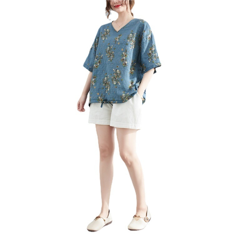 Дамска тениска от памук и лен с флорален принт, V-образно деколте, половин ръкав, печатен дизайн, ретро стил литература и изкуство