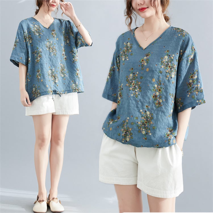 Дамска тениска от памук и лен с флорален принт, V-образно деколте, половин ръкав, печатен дизайн, ретро стил литература и изкуство