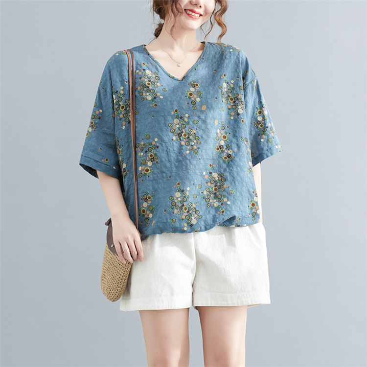 Дамска тениска от памук и лен с флорален принт, V-образно деколте, половин ръкав, печатен дизайн, ретро стил литература и изкуство