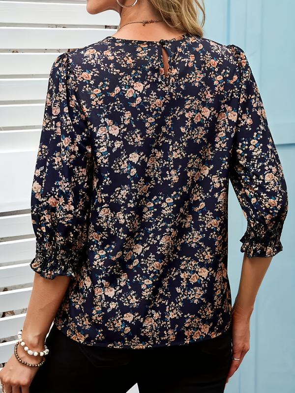 Полиестерова дамска риза с флорален принт, кръгла яка, ръкав 3/4, пуловер стил, съдържание на основната тъкан 95%+, пролет 2025