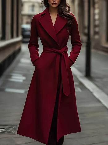 Дамско дълго палто с колан, джобове, яка тип блейзър, дълги ръкави, удължена дължина