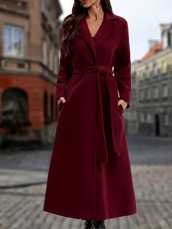 Дамско дълго палто с колан, джобове, яка тип блейзър, дълги ръкави, удължена дължина