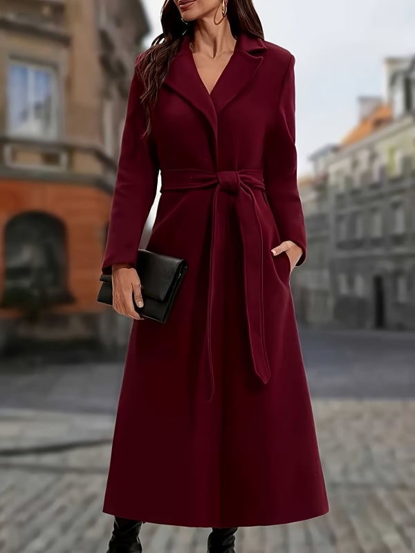 Дамско дълго палто с колан, джобове, яка тип блейзър, дълги ръкави, удължена дължина