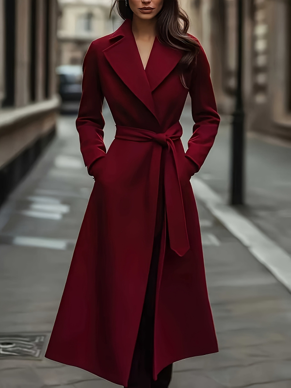 Дамско дълго палто с колан, джобове, яка тип блейзър, дълги ръкави, удължена дължина
