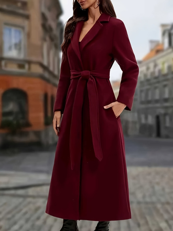 Дамско дълго палто с колан, джобове, яка тип блейзър, дълги ръкави, удължена дължина