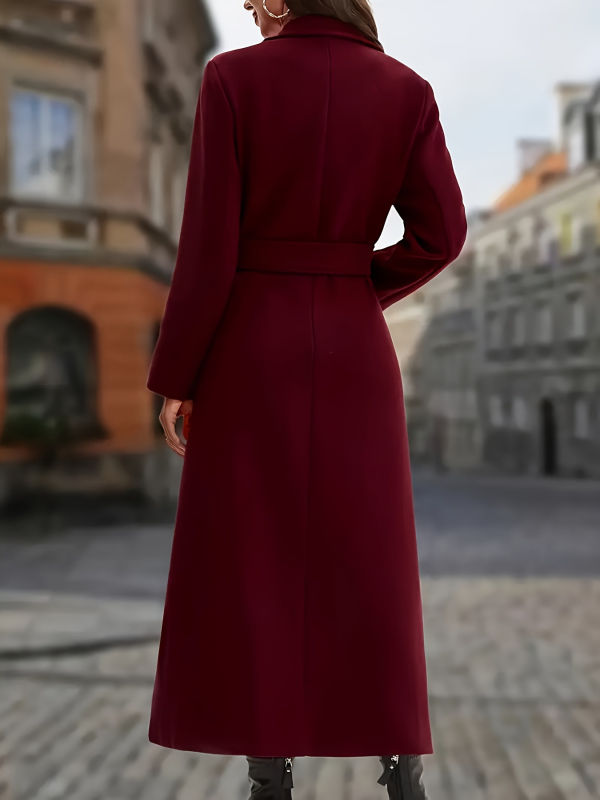 Дамско дълго палто с колан, джобове, яка тип блейзър, дълги ръкави, удължена дължина