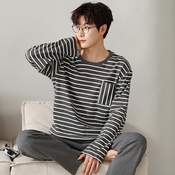 Мъжки пижамен комплект на райета от памук и трикотаж, дълъг ръкав, кръгло деколте, ежедневен домашен костюм, подходящ за носене навън