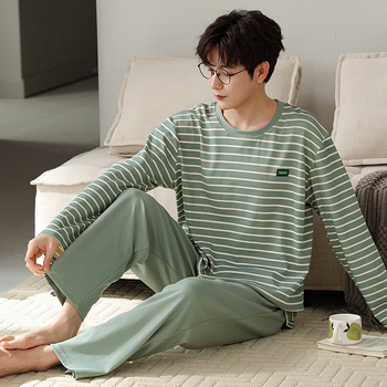 Мъжки пижамен комплект на райета от памук и трикотаж, дълъг ръкав, кръгло деколте, ежедневен домашен костюм, подходящ за носене навън
