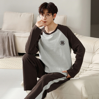 Мъжки пижамен комплект на райета от памук и трикотаж, дълъг ръкав, кръгло деколте, ежедневен домашен костюм, подходящ за носене навън