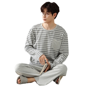 Мъжки пижамен комплект на райета от памук и трикотаж, дълъг ръкав, кръгло деколте, ежедневен домашен костюм, подходящ за носене навън