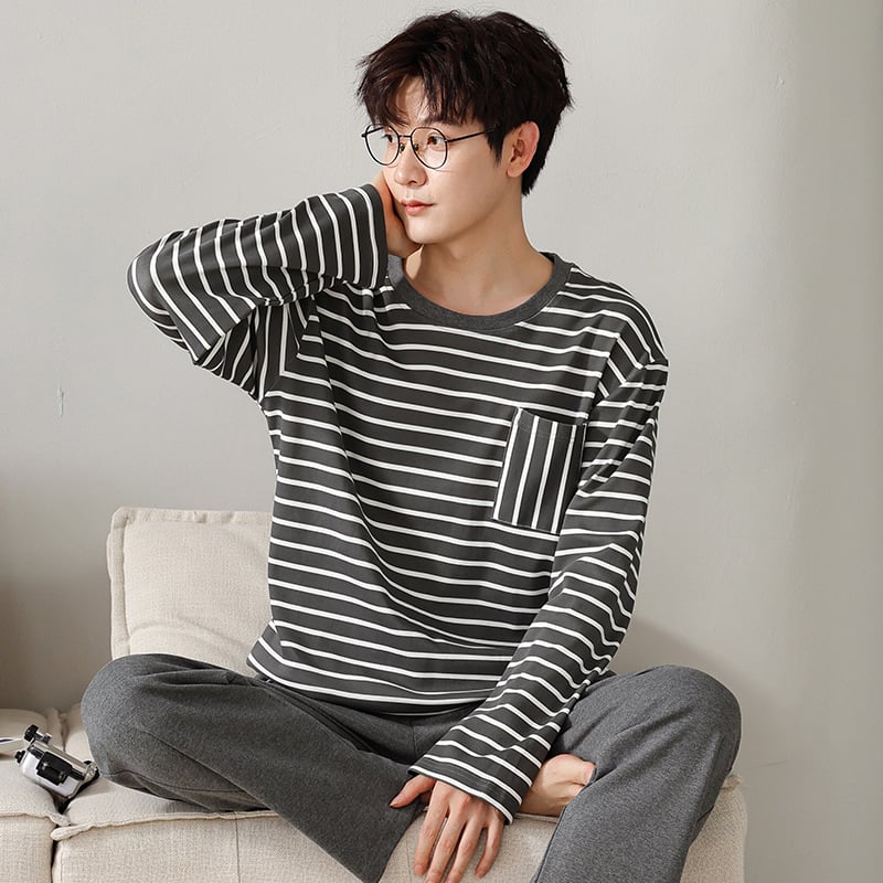 Мъжки пижамен комплект на райета от памук и трикотаж, дълъг ръкав, кръгло деколте, ежедневен домашен костюм, подходящ за носене навън