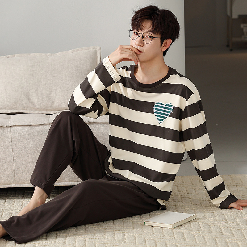 Мъжки пижамен комплект на райета от памук и трикотаж, дълъг ръкав, кръгло деколте, ежедневен домашен костюм, подходящ за носене навън