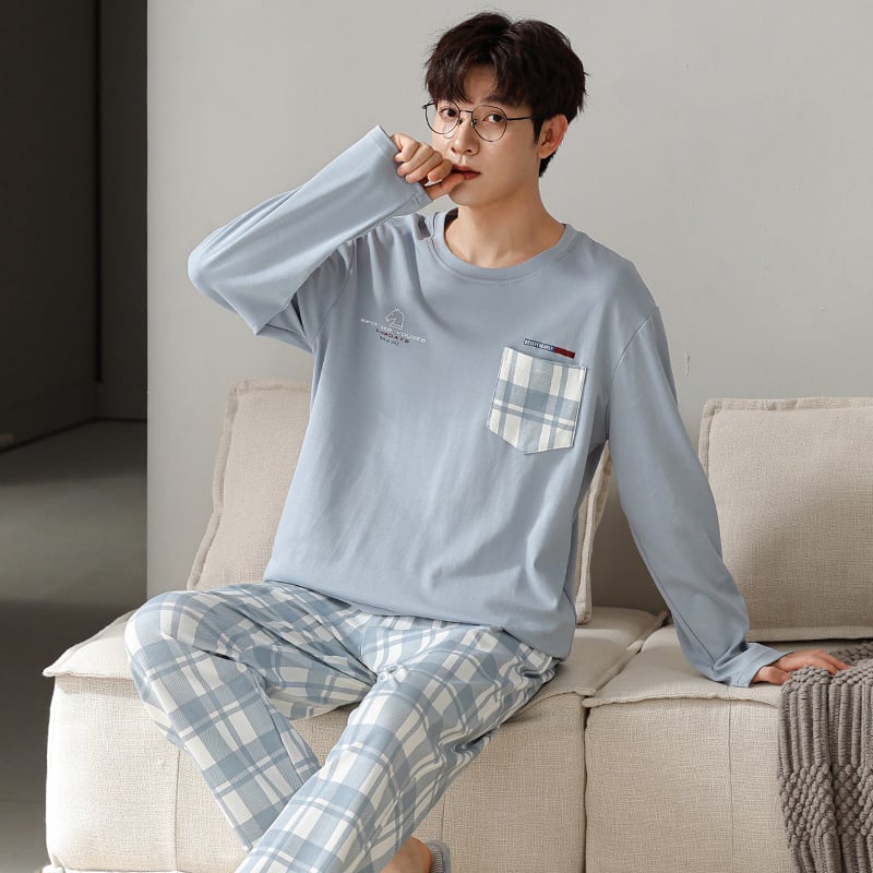 Мъжки пижамен комплект на райета от памук и трикотаж, дълъг ръкав, кръгло деколте, ежедневен домашен костюм, подходящ за носене навън