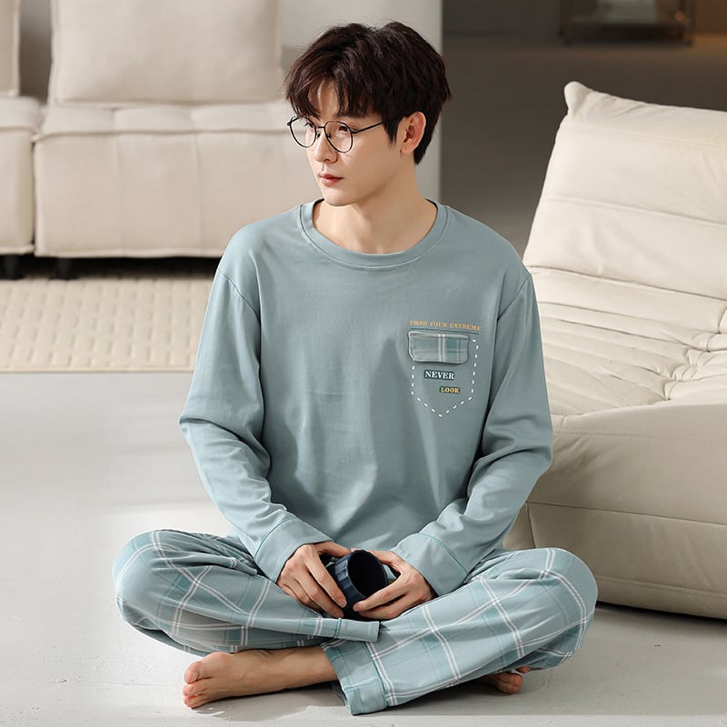 Мъжки пижамен комплект на райета от памук и трикотаж, дълъг ръкав, кръгло деколте, ежедневен домашен костюм, подходящ за носене навън