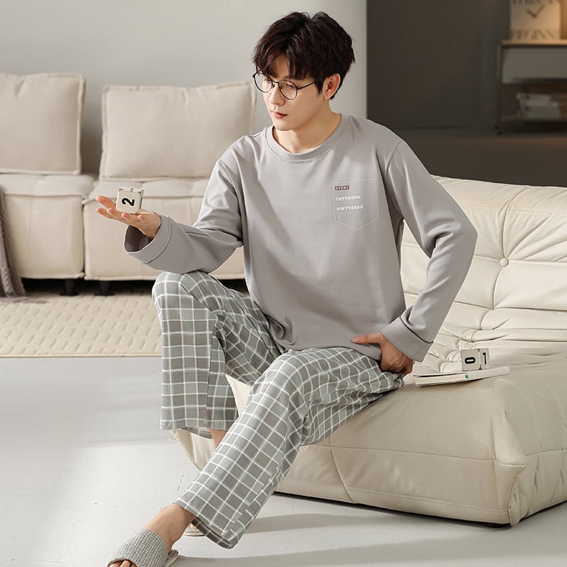 Мъжки пижамен комплект на райета от памук и трикотаж, дълъг ръкав, кръгло деколте, ежедневен домашен костюм, подходящ за носене навън