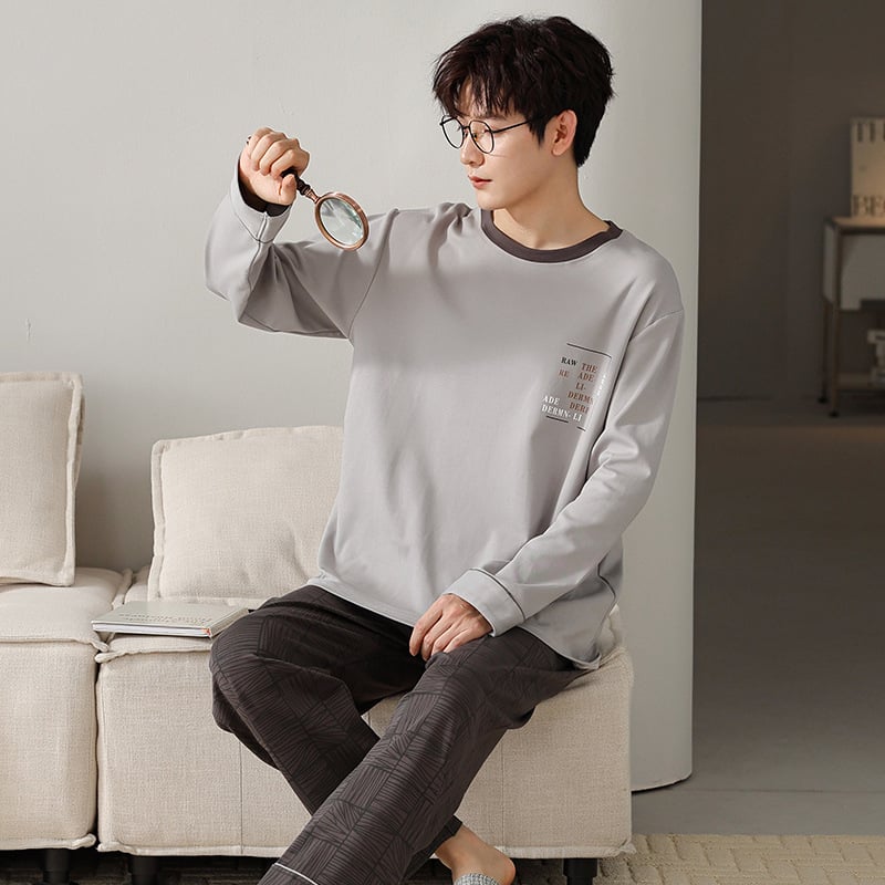 Мъжки пижамен комплект на райета от памук и трикотаж, дълъг ръкав, кръгло деколте, ежедневен домашен костюм, подходящ за носене навън