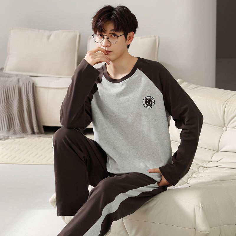 Мъжки пижамен комплект на райета от памук и трикотаж, дълъг ръкав, кръгло деколте, ежедневен домашен костюм, подходящ за носене навън
