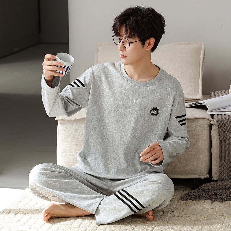 Мъжки пижамен комплект на райета от памук и трикотаж, дълъг ръкав, кръгло деколте, ежедневен домашен костюм, подходящ за носене навън