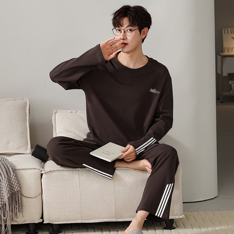 Мъжки пижамен комплект на райета от памук и трикотаж, дълъг ръкав, кръгло деколте, ежедневен домашен костюм, подходящ за носене навън