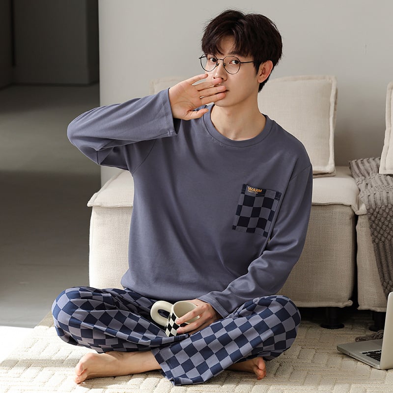 Мъжки пижамен комплект на райета от памук и трикотаж, дълъг ръкав, кръгло деколте, ежедневен домашен костюм, подходящ за носене навън