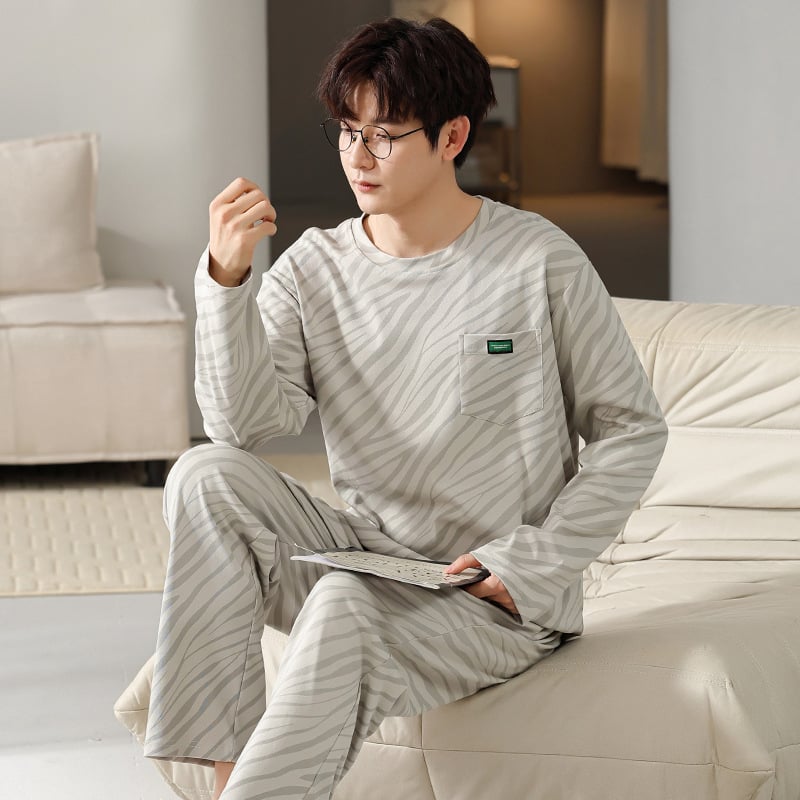 Мъжки пижамен комплект на райета от памук и трикотаж, дълъг ръкав, кръгло деколте, ежедневен домашен костюм, подходящ за носене навън