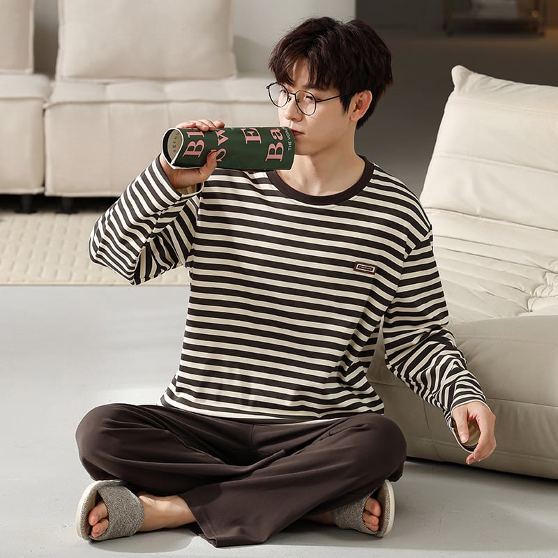 Мъжки пижамен комплект на райета от памук и трикотаж, дълъг ръкав, кръгло деколте, ежедневен домашен костюм, подходящ за носене навън