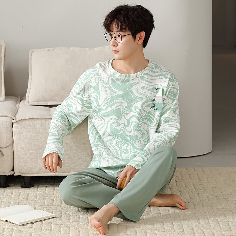 Мъжки пижамен комплект на райета от памук и трикотаж, дълъг ръкав, кръгло деколте, ежедневен домашен костюм, подходящ за носене навън