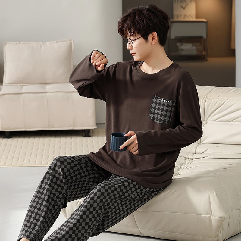 Мъжки пижамен комплект на райета от памук и трикотаж, дълъг ръкав, кръгло деколте, ежедневен домашен костюм, подходящ за носене навън
